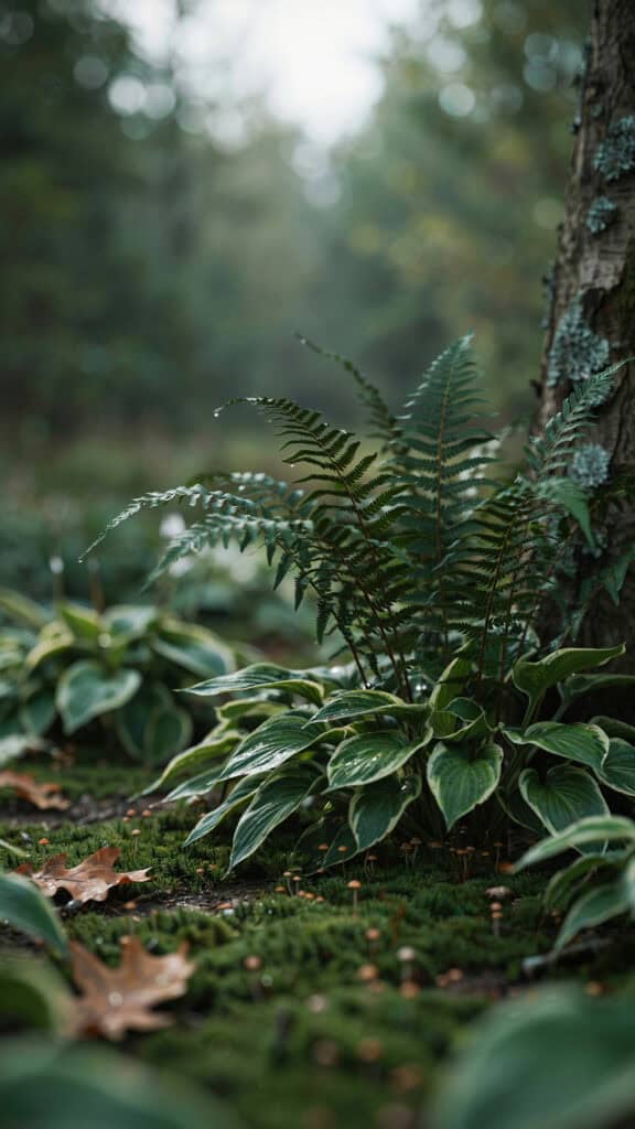 Hosta Landscaping: 15 Ways to Design With Hostas 5 Hosta plants and ferns in a garden landscape setting.