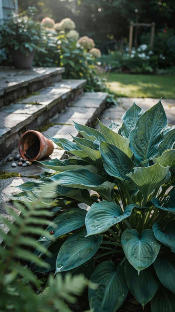 Hosta Landscaping: 15 Ways to Design With Hostas 7 Lush hostas plants in a garden with stone steps and blooming hydrangeas.