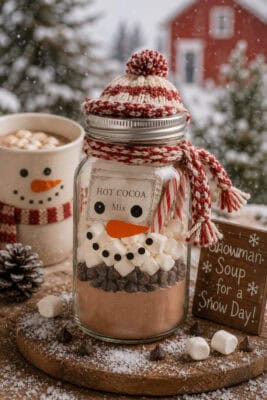 Festive hot cocoa mix jar with snowman decoration and winter background.