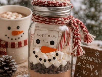 Festive hot cocoa mix jar with snowman decoration and winter background.