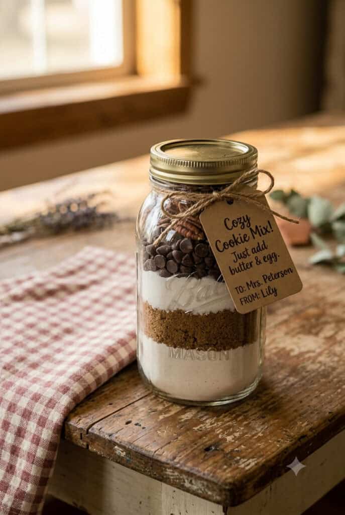 20 Mason Jar Teacher Gifts That Aren't Another Mug 2 Mason jar filled with cookie ingredients and a gift tag for teacher.