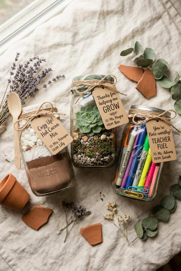 20 Mason Jar Teacher Gifts That Aren't Another Mug 1 Creative mason jar teacher gifts with succulents and notes.