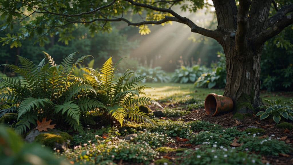 25 Shade Perennials and Plants That Actually Thrive (Even Under Trees) 1 Lush shaded garden with ferns and a large tree in sunlight.