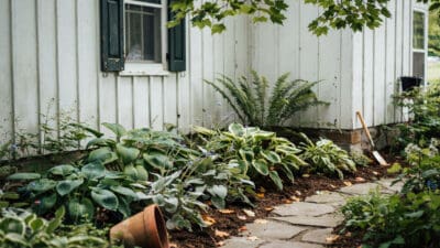 Shade-loving perennials thriving under trees and near a white garden shed.