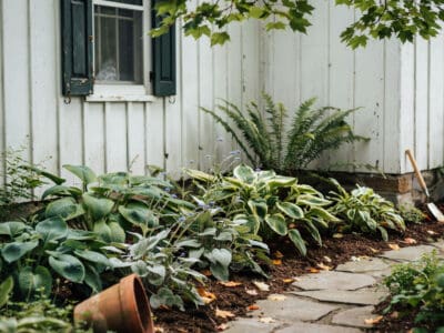 Shade-loving perennials thriving under trees and near a white garden shed.