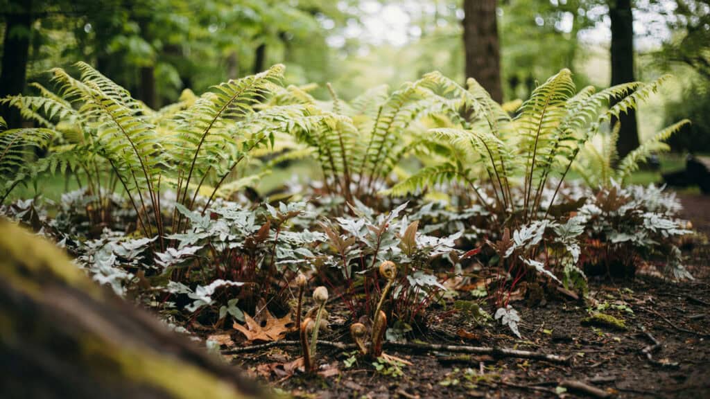 25 Shade Perennials and Plants That Actually Thrive (Even Under Trees) 6 Lush ferns and perennials thriving under trees in a shaded garden.