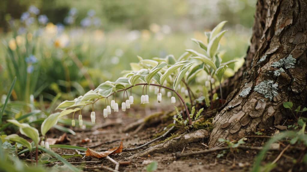 25 Shade Perennials and Plants That Actually Thrive (Even Under Trees) 10 Lily of the Valley plant with white bell-shaped flowers near tree trunk.