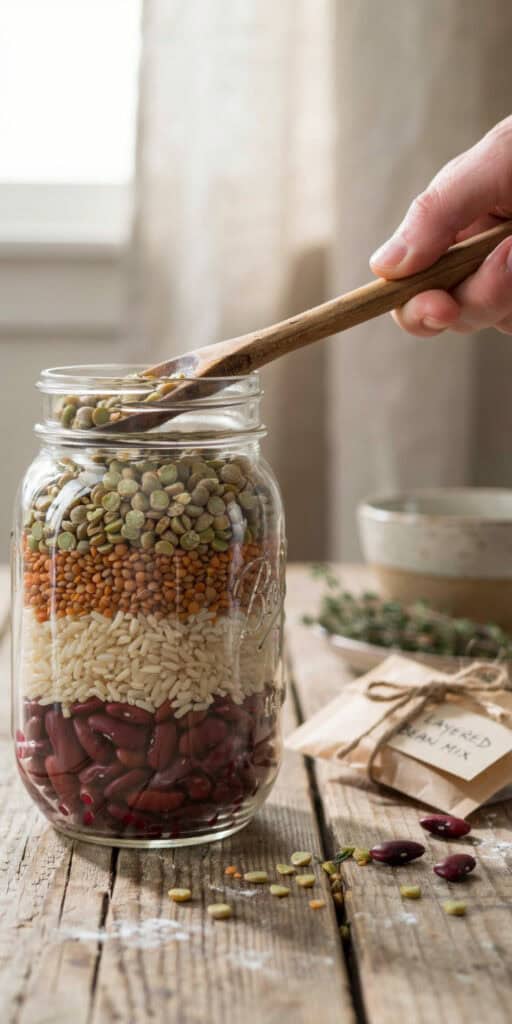 Layered Soup Mix in a Jar: 10 Cozy Recipes to Gift 2 Colorful layered soup mix in a glass jar with a wooden spoon.