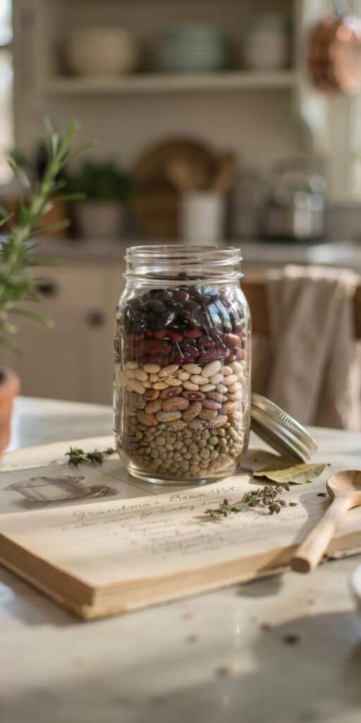 Layered Soup Mix in a Jar: 10 Cozy Recipes to Gift 3 Layered dry soup ingredients in a glass jar on a rustic kitchen table.