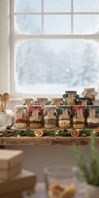 Assorted layered soup mix jars on a windowsill with snow outside.