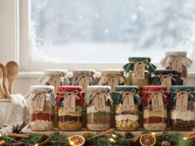 Assorted layered soup mix jars on a windowsill with snow outside.