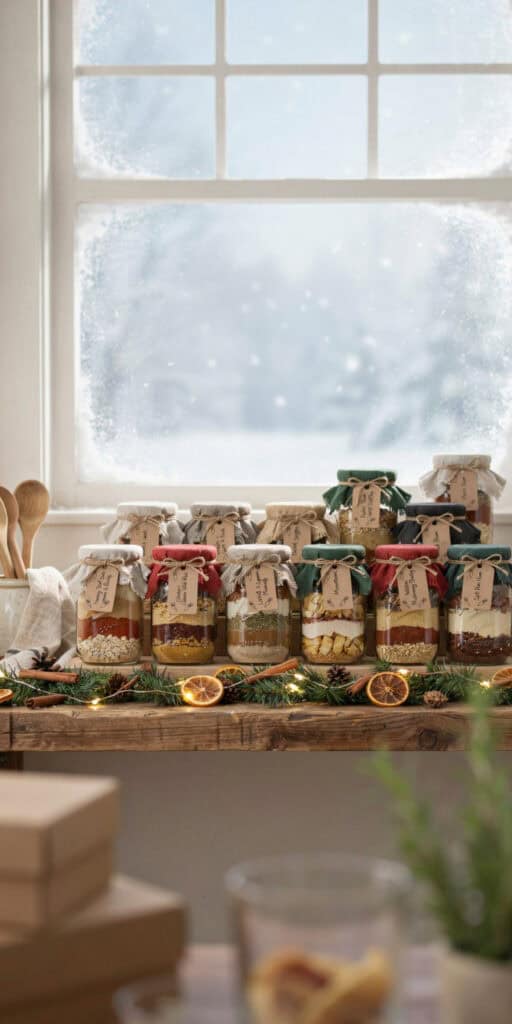 Layered Soup Mix in a Jar: 10 Cozy Recipes to Gift 4 Assorted layered soup mix jars on a windowsill with snow outside.