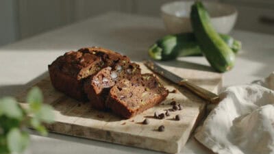 Close-up of a slice of chocolate zucchini bread on a wooden board.
