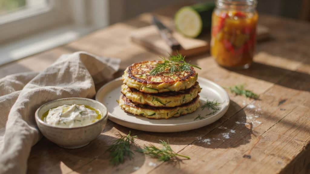 45 Zucchini Recipes to Use Up Every Last One From the Garden 2 Delicious zucchini fritters stacked on a plate with herbs and sour cream.