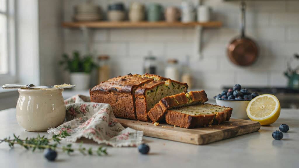 45 Zucchini Recipes to Use Up Every Last One From the Garden 3 Freshly baked zucchini bread with blueberries and lemon on a wooden cutting board.