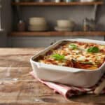 8 Delicious zucchini lasagna baked with cheese and fresh basil on a rustic wooden table.
