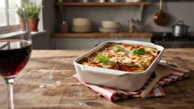 Delicious zucchini lasagna baked with cheese and fresh basil on a rustic wooden table.