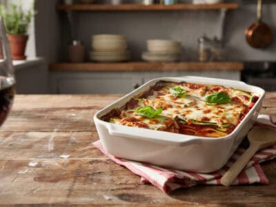 Delicious zucchini lasagna baked with cheese and fresh basil on a rustic wooden table.