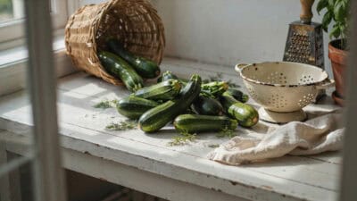 Freshly picked zucchinis on a rustic kitchen counter for zucchini recipes.