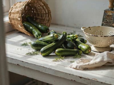 Freshly picked zucchinis on a rustic kitchen counter for zucchini recipes.