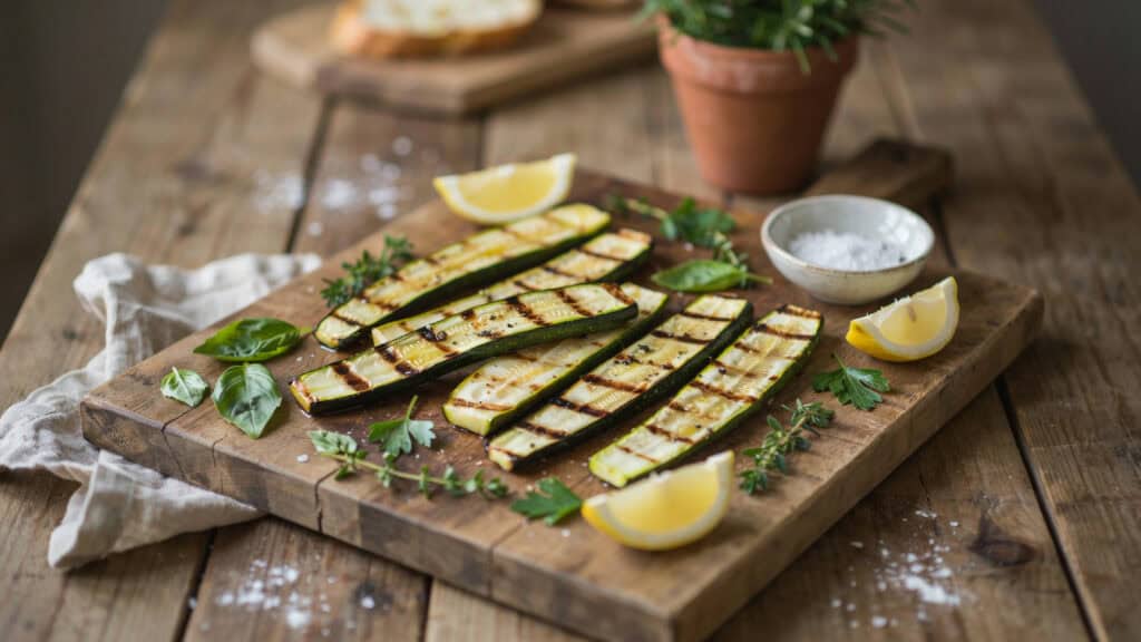 45 Zucchini Recipes to Use Up Every Last One From the Garden 6 Grilled zucchini slices garnished with herbs and lemon wedges on a wooden cutting board.