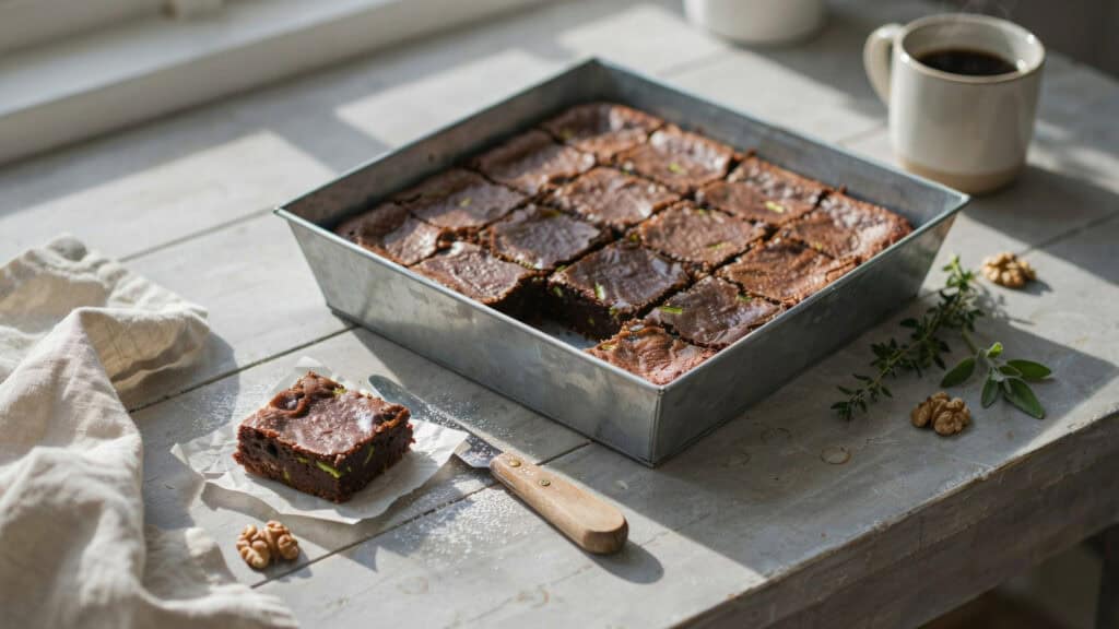 45 Zucchini Recipes to Use Up Every Last One From the Garden 8 Freshly baked chocolate brownies in a metal baking pan with a piece on a plate.