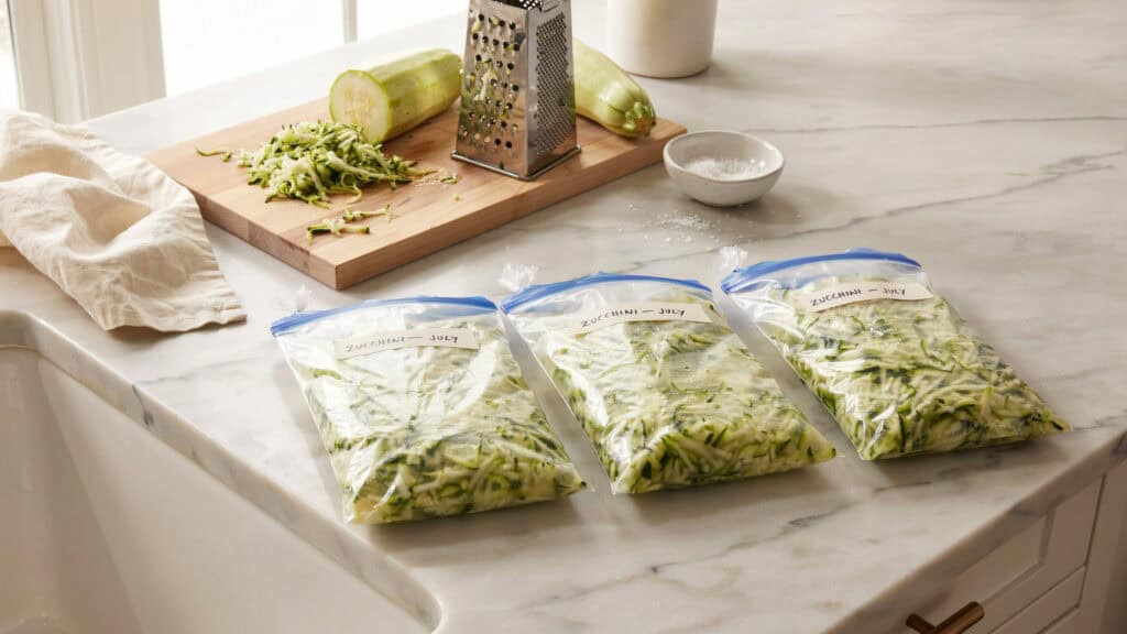 45 Zucchini Recipes to Use Up Every Last One From the Garden 9 Three bags of shredded zucchini ready for freezing on a kitchen counter.