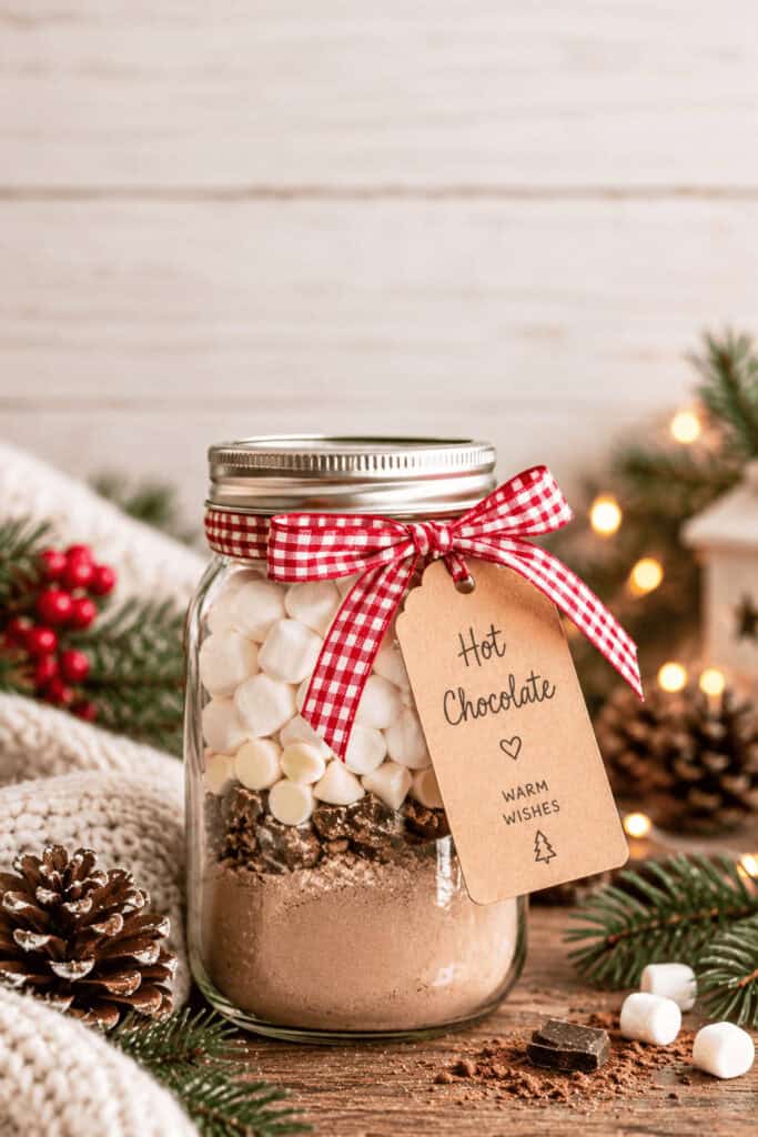25 Mason Jar Christmas Gifts That Look Expensive (But Aren't) 4 Mason jar filled with hot chocolate mix and marshmallows for Christmas.