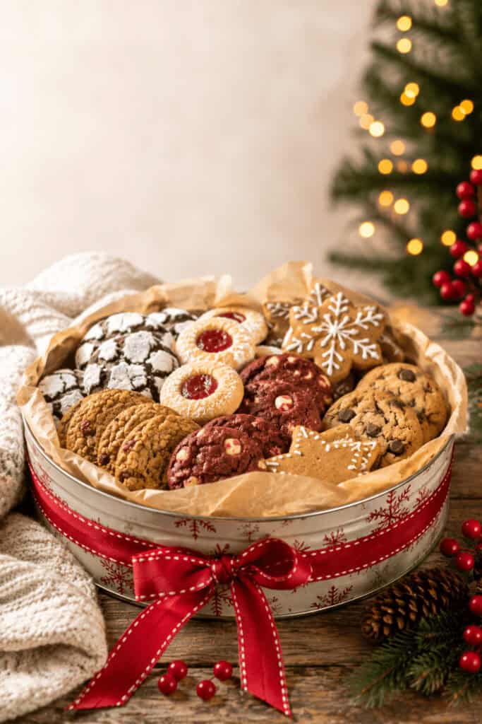 25 Homemade Food Gifts for Christmas That Everyone Loves 3 Assorted homemade Christmas cookies in a festive gift box with holiday decorations.