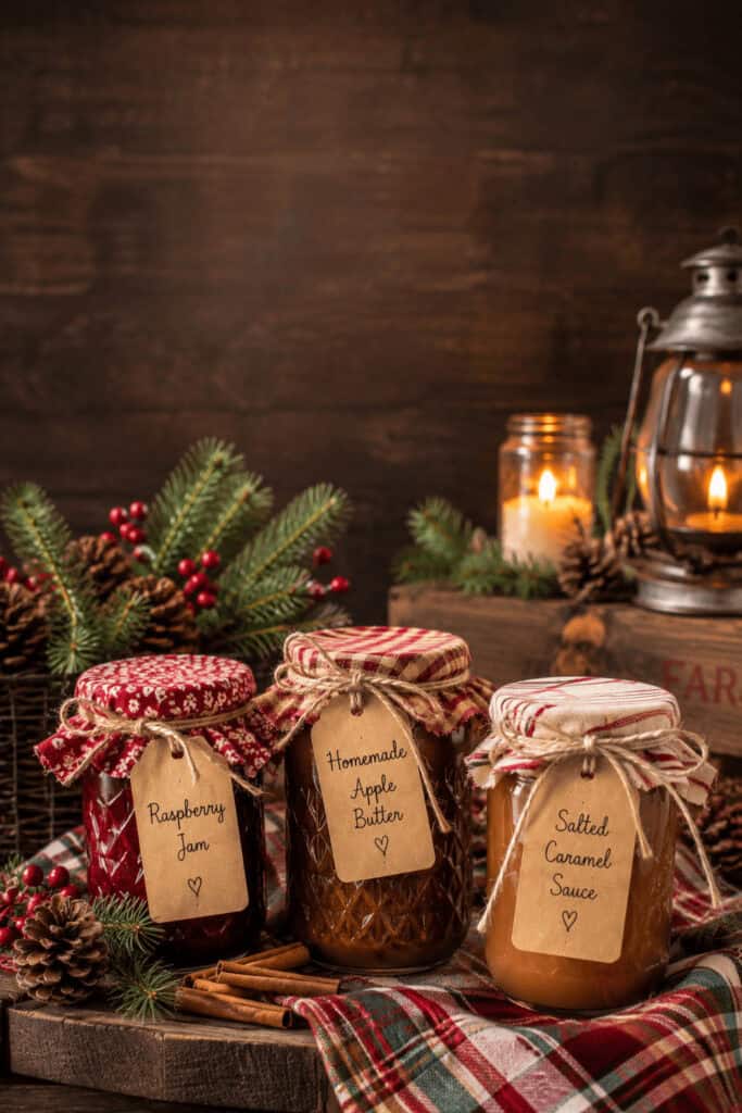 25 Homemade Food Gifts for Christmas That Everyone Loves 6 Three jars of homemade food gifts with festive decorations and candles.