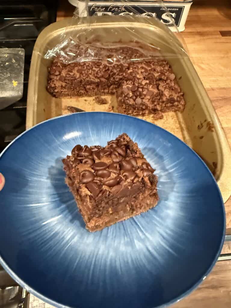 The Best Go To Chocolate Chip Zucchini Cake 4 Chocolate brownie square on a blue plate with baked brownies in the background.