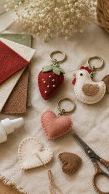 Felt strawberry, heart, and bird backpack charms on craft table.