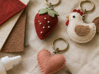 Felt strawberry, heart, and bird backpack charms on craft table.