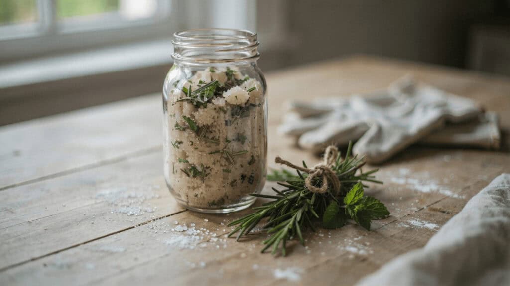 Homemade Sugar Scrub Recipes: 6 Garden-Fresh Gifts Every Gardener Will Love 4 Herb salt in a glass jar with fresh herbs on a rustic wooden table.
