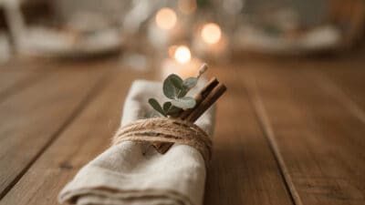 Rustic napkin ring with twine, cinnamon sticks, and eucalyptus.
