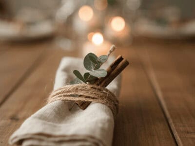 Rustic napkin ring with twine, cinnamon sticks, and eucalyptus.