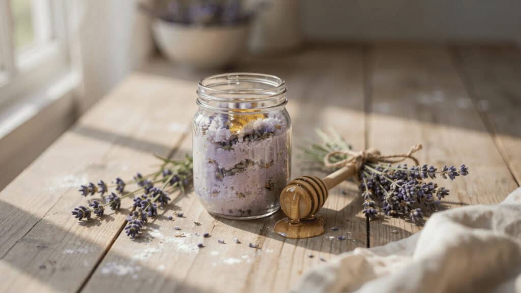 Homemade Sugar Scrub Recipes: 6 Garden-Fresh Gifts Every Gardener Will Love 5 Lavender honey in a glass jar with fresh lavender sprigs on a wooden table.