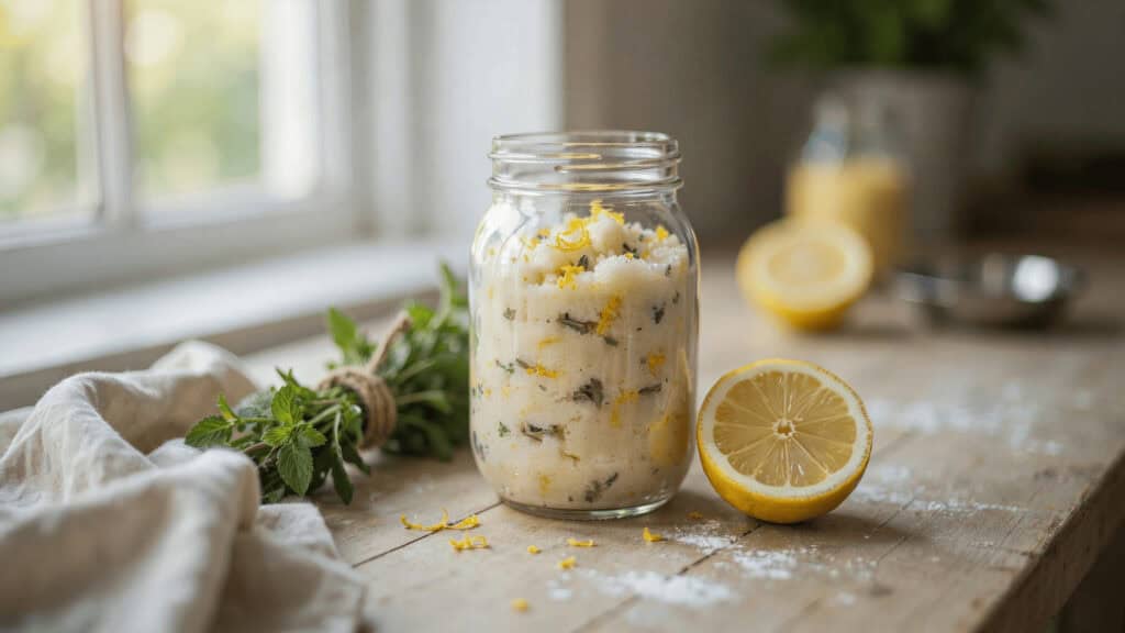 Homemade Sugar Scrub Recipes: 6 Garden-Fresh Gifts Every Gardener Will Love 3 Lemon herb butter in a glass jar with fresh lemons on a rustic kitchen counter.
