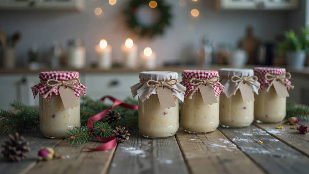 Homemade Sugar Scrub Recipes: 6 Garden-Fresh Gifts Every Gardener Will Love 9 Festive homemade Christmas jam in jars with red and white checkered lids.