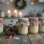 9 Festive homemade Christmas jam in jars with red and white checkered lids.