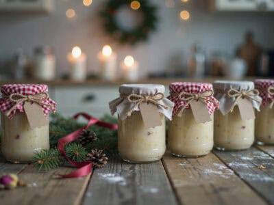 Festive homemade Christmas jam in jars with red and white checkered lids.