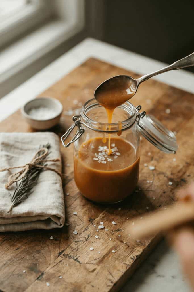 Homemade Food Gifts: 6 Easy Edible Christmas Gifts (With Recipes!) 5 Homemade caramel sauce being spooned into a jar for gifts.