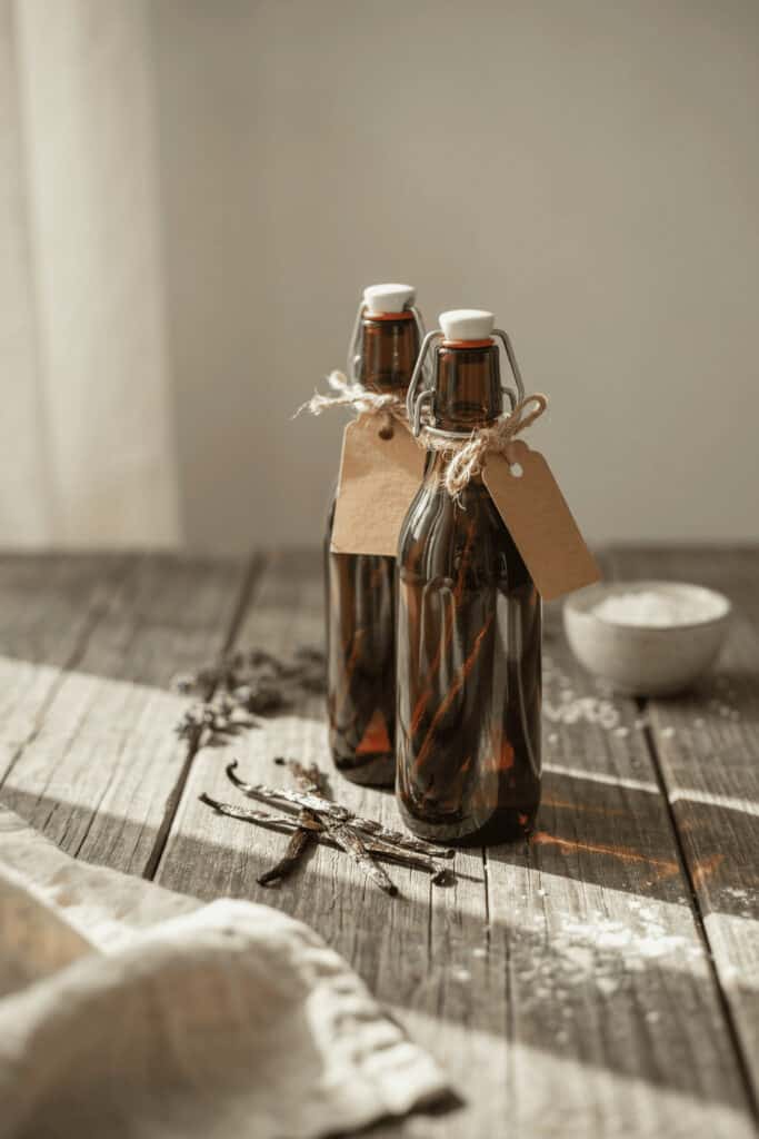 Homemade Food Gifts: 6 Easy Edible Christmas Gifts (With Recipes!) 2 Homemade vanilla extract in glass bottles with tags on rustic wooden table.