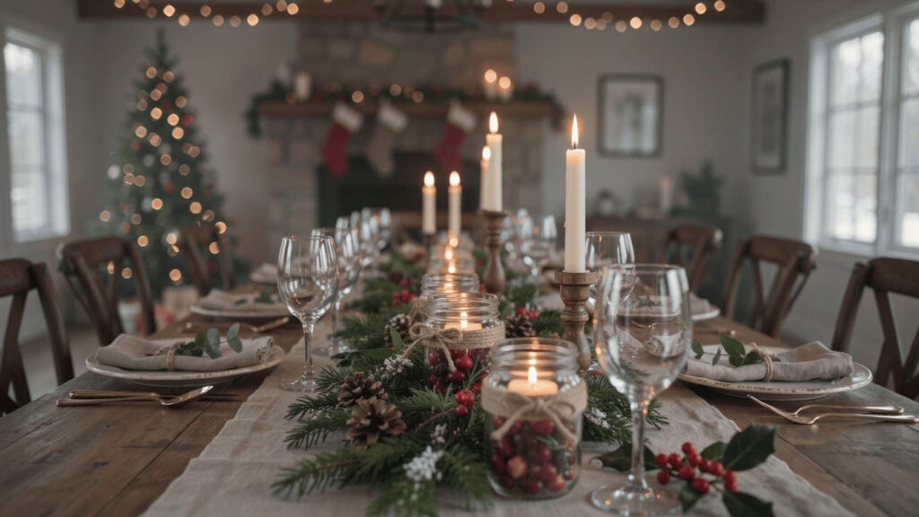 DIY Mason Jar Christmas Candle Centerpiece 4 Elegant Christmas table centerpiece with candles and holiday decor.