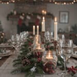 8 Elegant Christmas table centerpiece with candles and holiday decor.