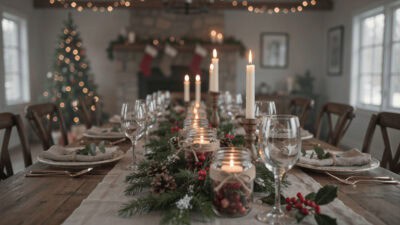 Elegant Christmas table centerpiece with candles and holiday decor.