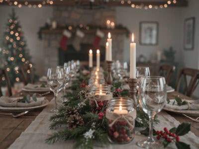 Elegant Christmas table centerpiece with candles and holiday decor.