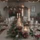 Elegant Christmas table centerpiece with candles and holiday decor.