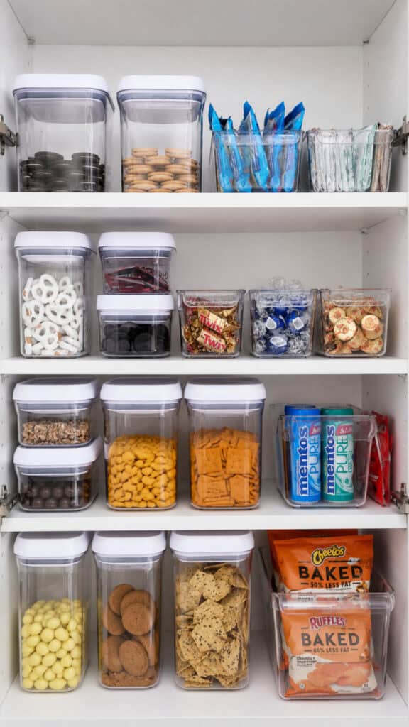 Snack Station Setup: Pantry Organization That Survives Back-to-School 3 Organized pantry with snack containers and jars for back-to-school prep.