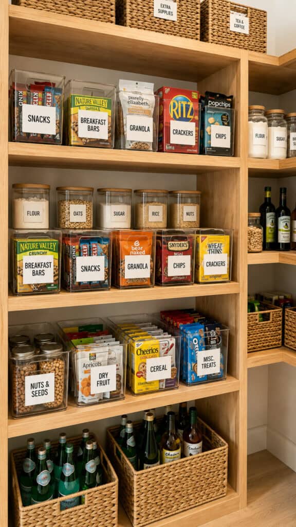 Snack Station Setup: Pantry Organization That Survives Back-to-School 1 Organized pantry with labeled jars and snack boxes for school supplies.
